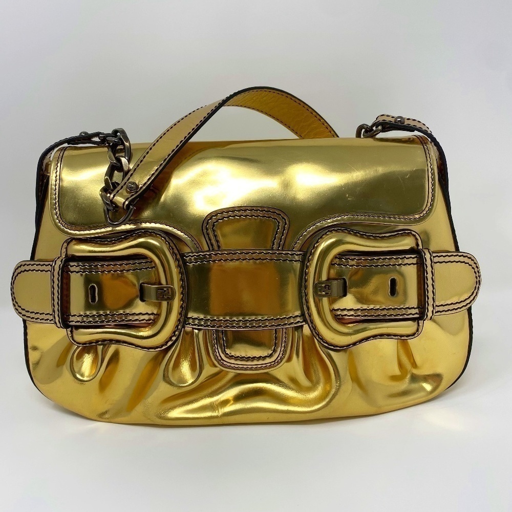 FENDI B. Bis Gold Metallic Flap Bag
